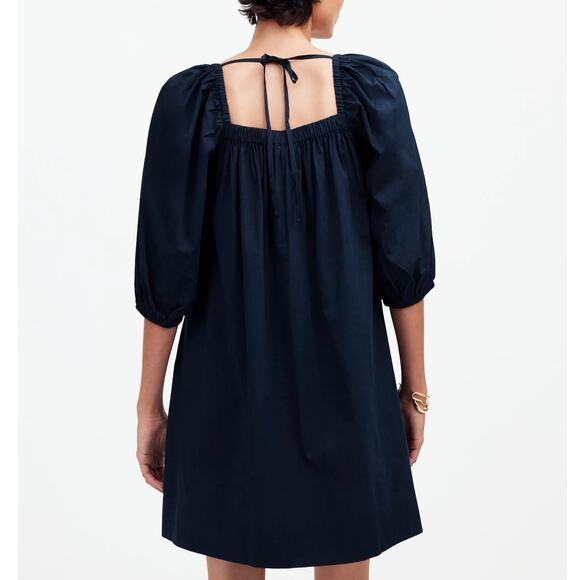 NWT Madewell Square-Neck Puff-Sleeve Babydoll Mini Dress In Navy Blue Size 4 - Picture 2 of 8